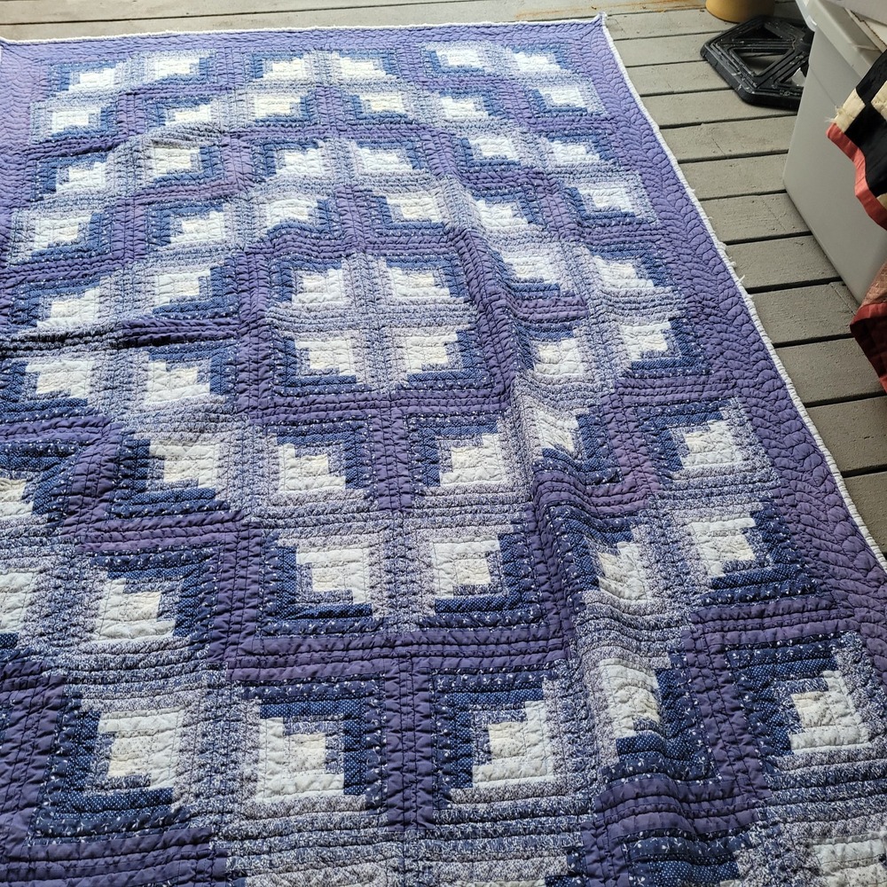 Vintage Patchwork Quilt Log Cabin 60x92 Blue White Bedspread